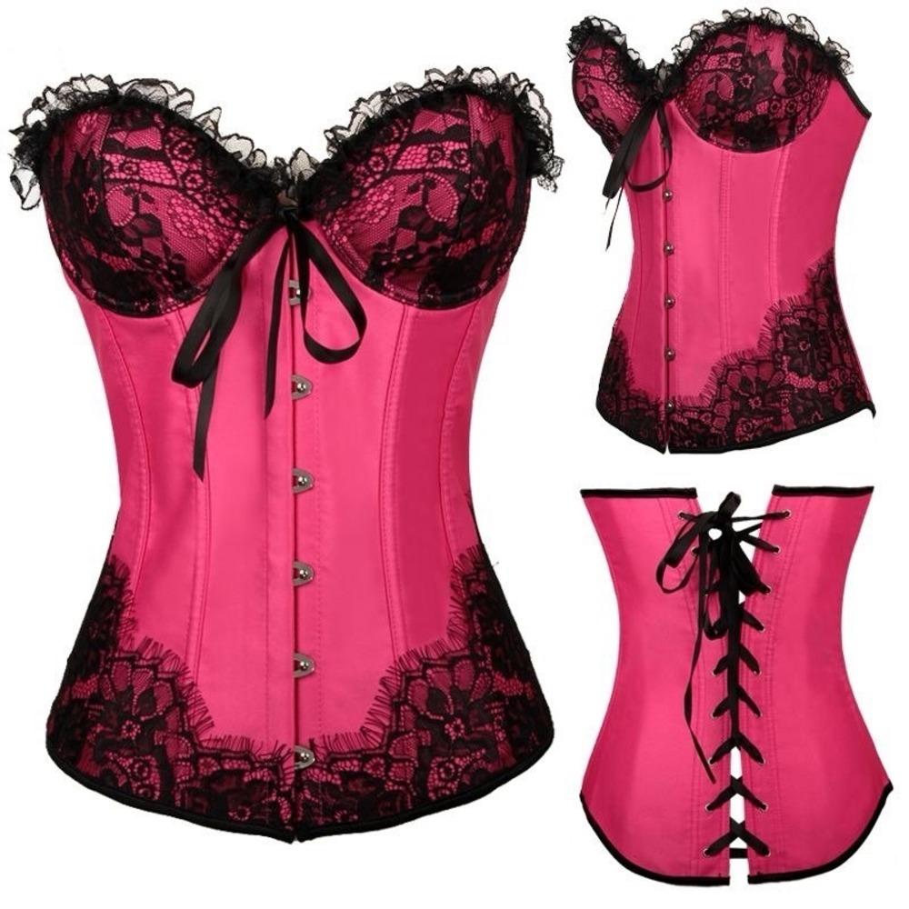 Coquette‎ Pink Black Lace Corset Bustier Garter Straps Lace Up Back Sexy Medium